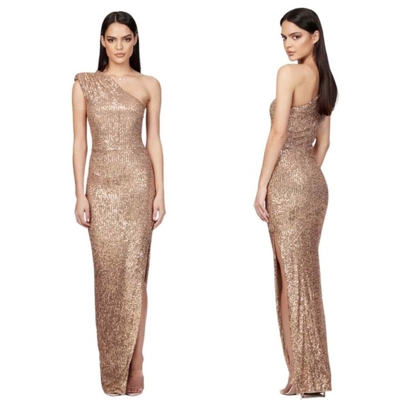 Nookie Dresses & Skirts - NWOT Nookie Veda One Shoulder Sequin Maxi Gown in Caramel Size Large